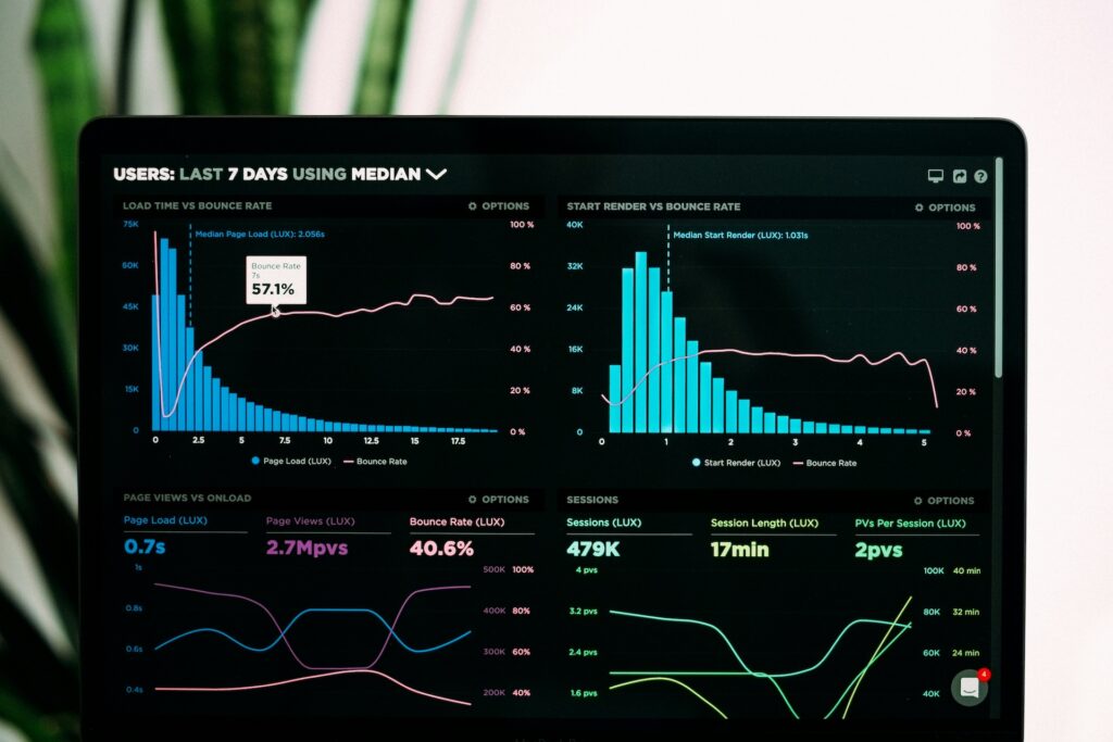 Laptop screen displaying marketing analytics dashboard with graphs and charts